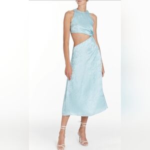 Markarian Franca Light Blue Shimmer Floral Jacquard Cut Out Midi Dress
